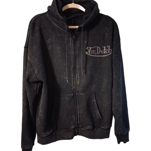 Von Dutch Rhinestone Full-zip Acid-washed Oversized Hoodie NWOT - Picture 2 of 6